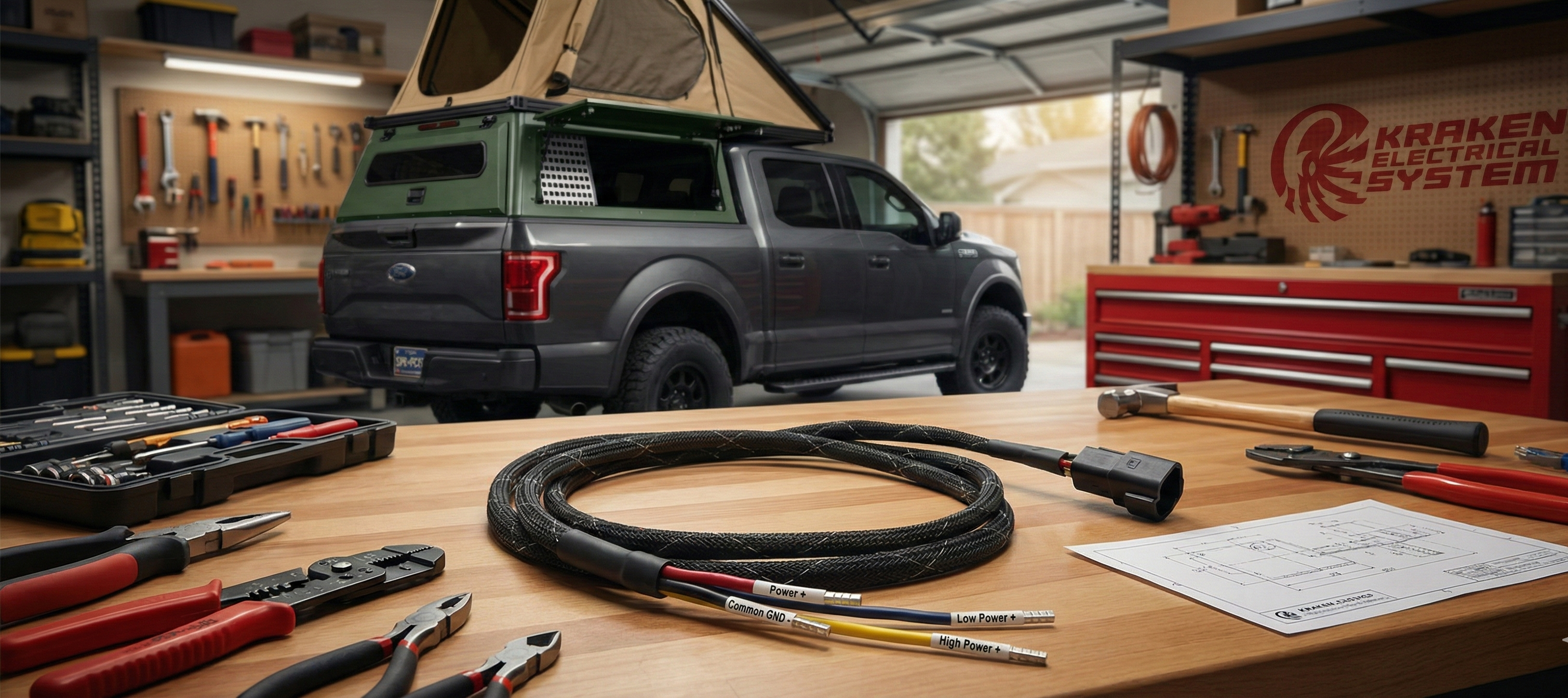 Gray Ford truck in a garage with tools and a Kraken Connect Cable on a workbench.